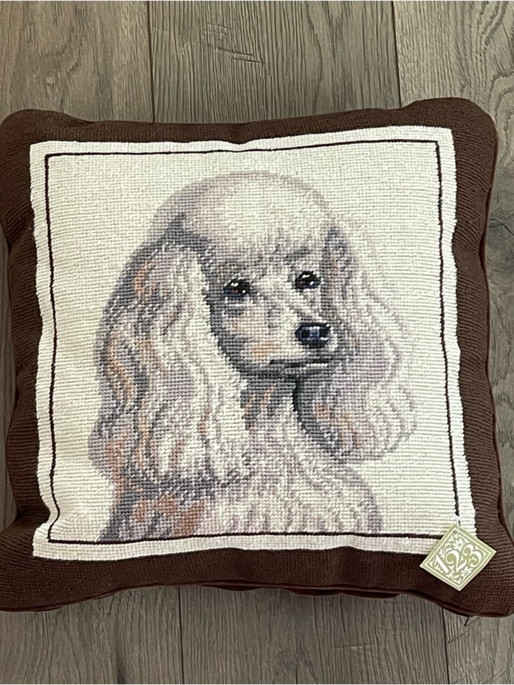 123 Creations White Poodle Dog Brown Wool Needlepoint Throw Pillow